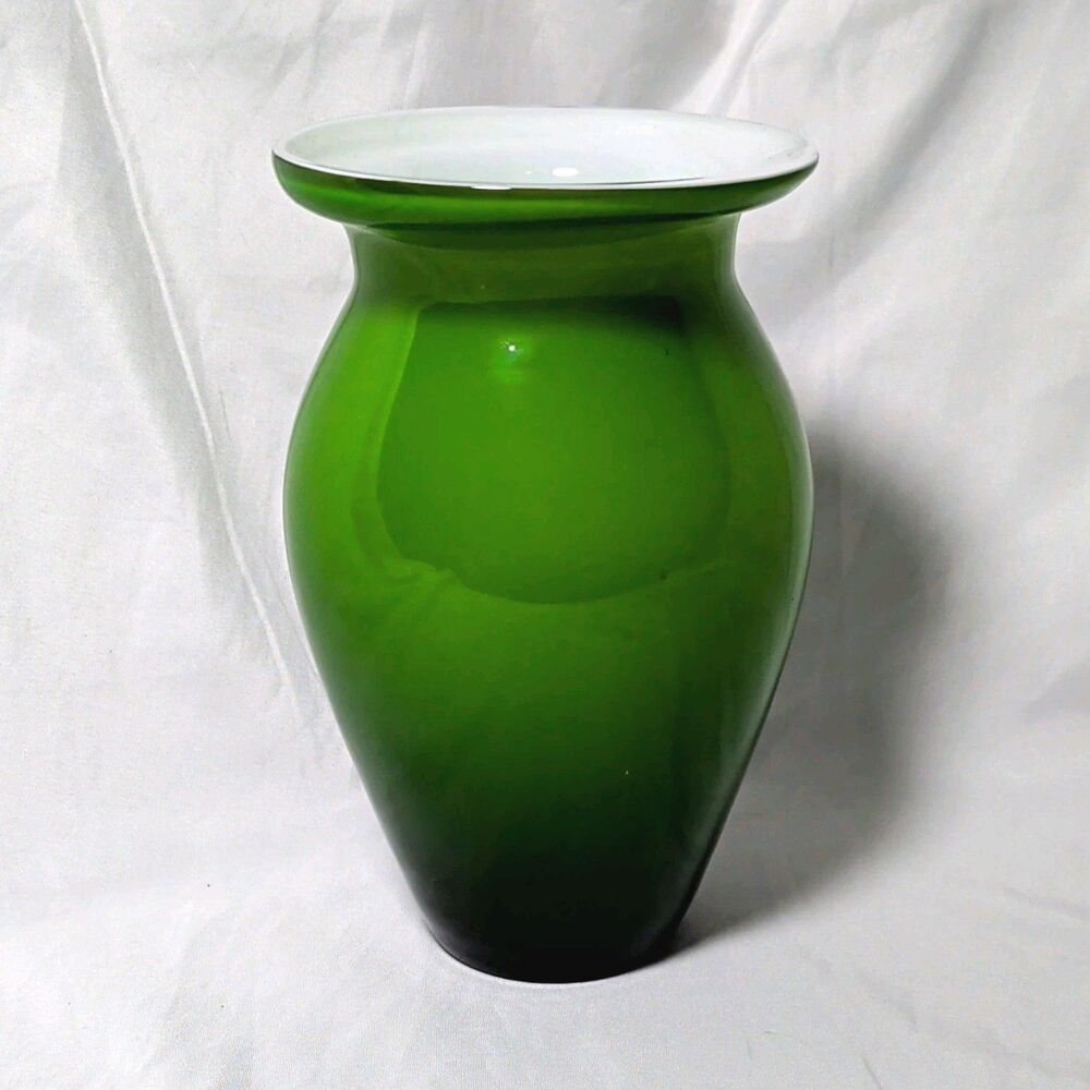 Green Blown Glass Vase Glossy Finish  White Rim Accent Decorative Holiday